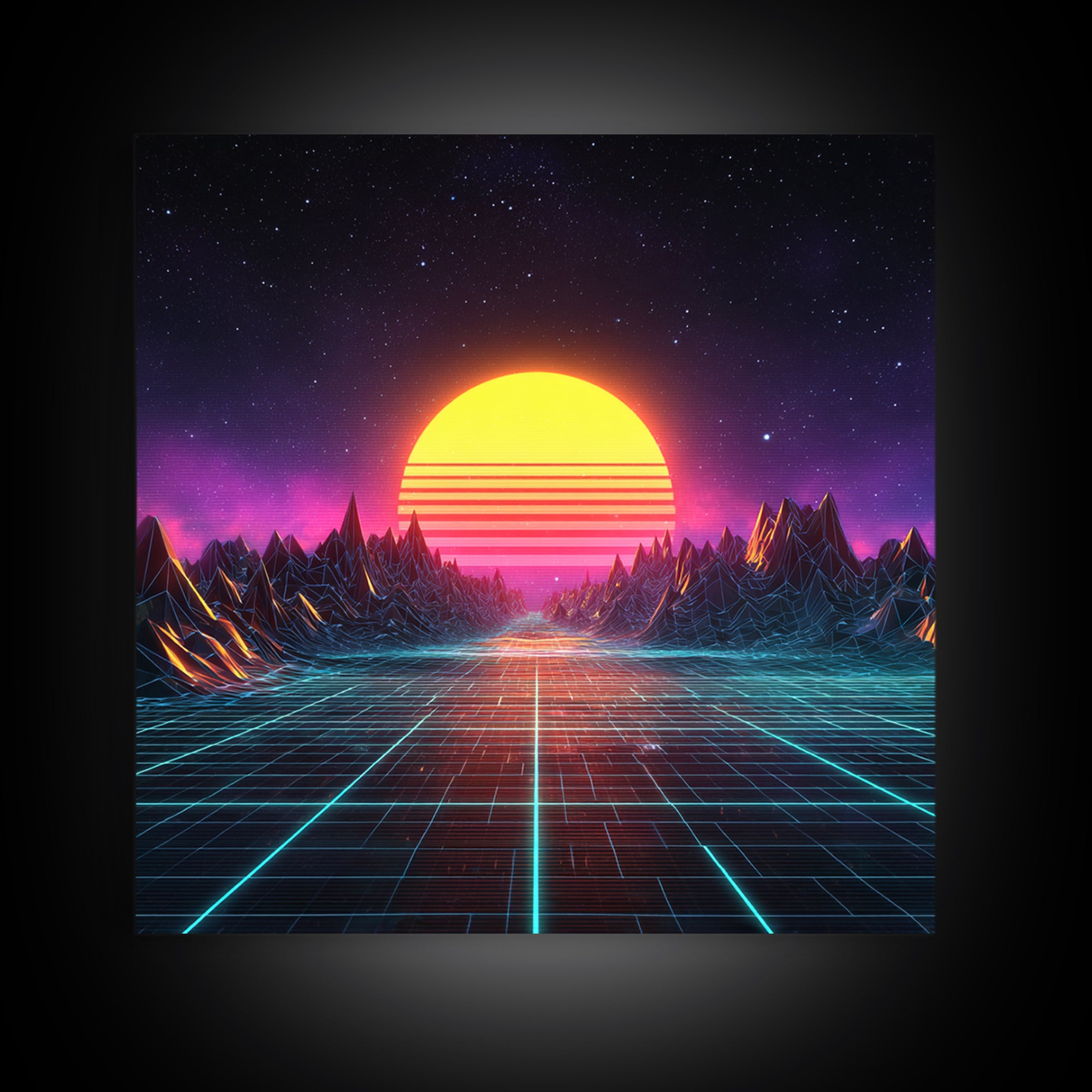 Retro Synthwave Sunset Landscape Canvas Print, Neon Cyberpunk Mountain Road Art, Gaming Room Decor Modern Wall Art