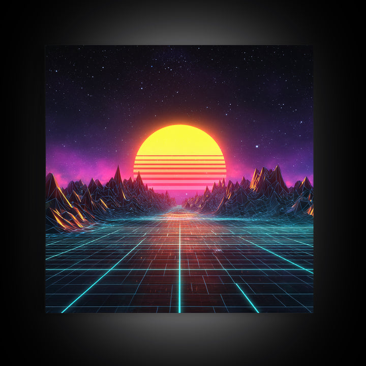 Retro Synthwave Sunset Landscape Canvas Print, Neon Cyberpunk Mountain Road Art, Gaming Room Decor Modern Wall Art