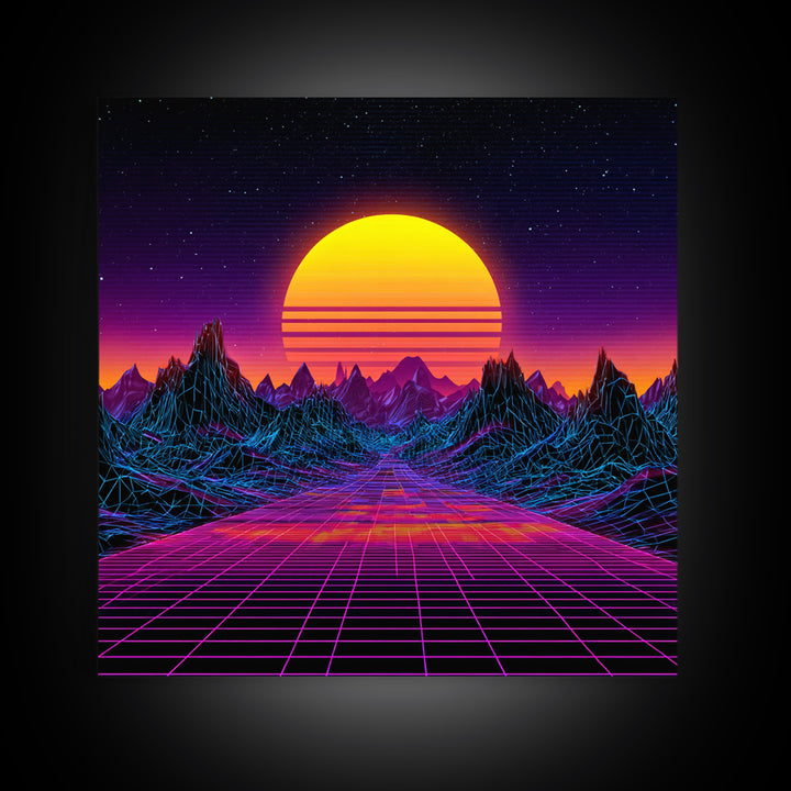 Retro Futuristic Neon Sunset Landscape Wall Art, Synthwave Mountains, 80s Vaporwave Canvas Print Home Decor