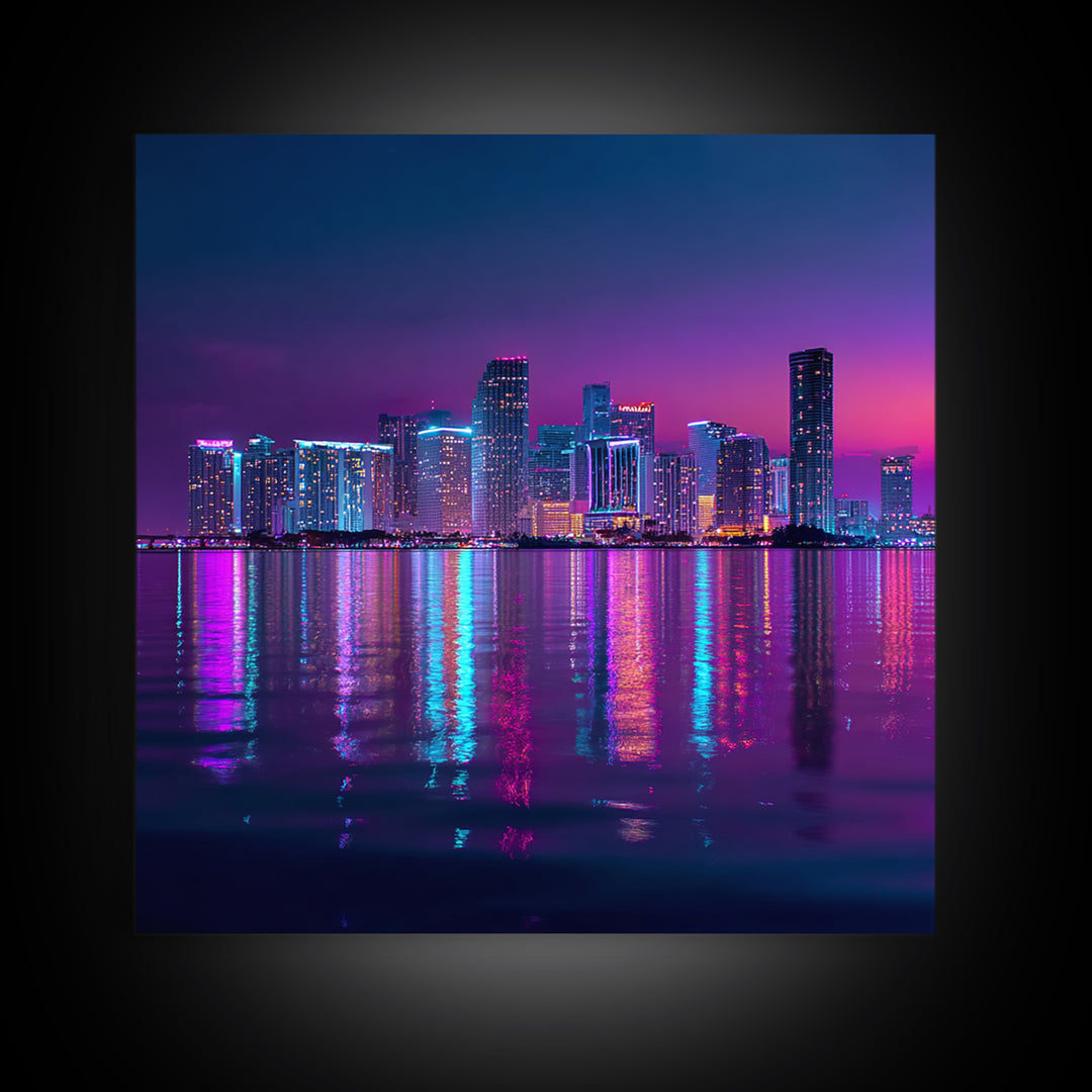 Neon City Skyline At Night Wall Art, Futuristic Urban Landscape Print, Cyberpunk Home Decor, Colorful Cityscape Canvas Print