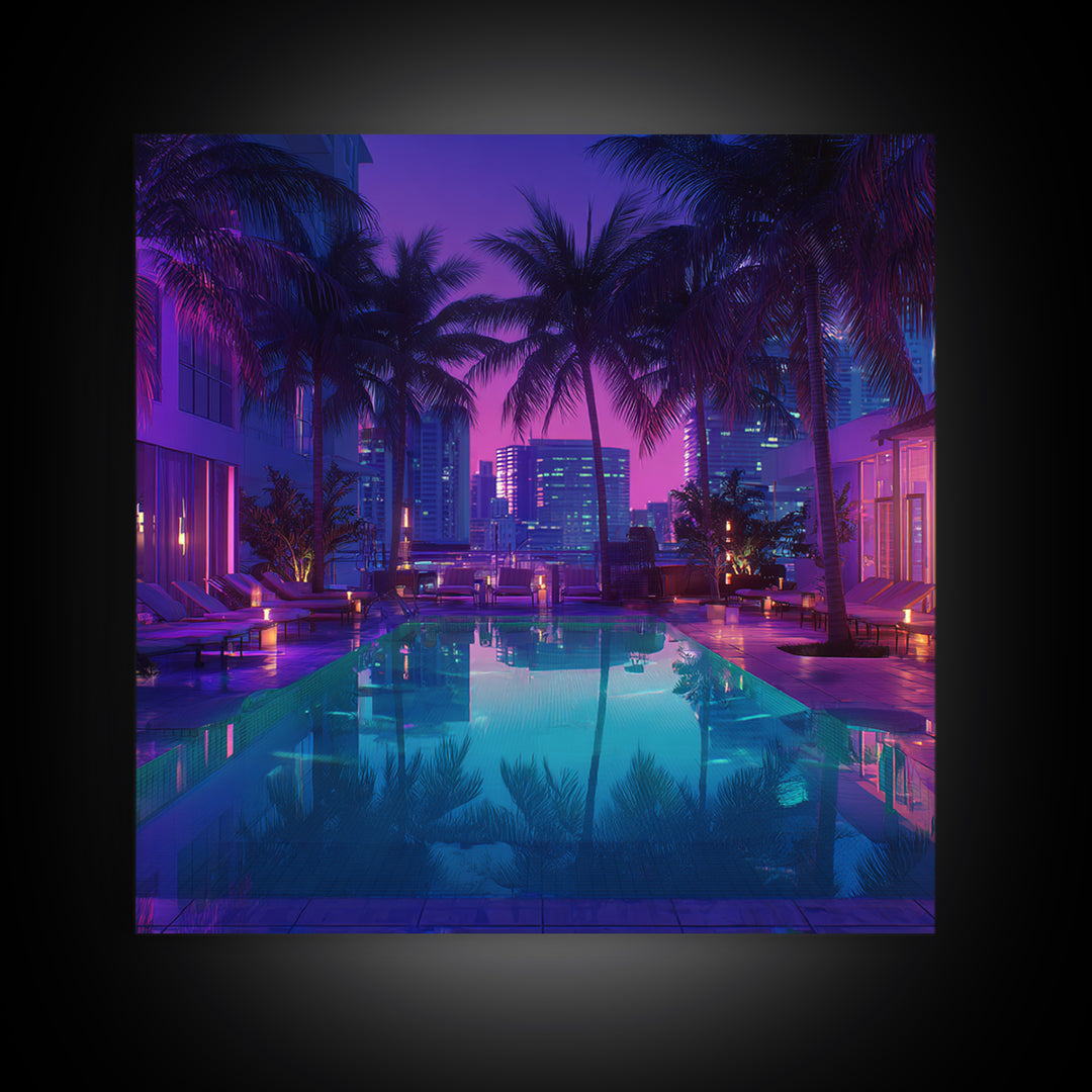 Neon City Rooftop Pool Nightscape Wall Art, Tropical Palm Skyline Print, Modern Urban Apartment Decor Wall Art