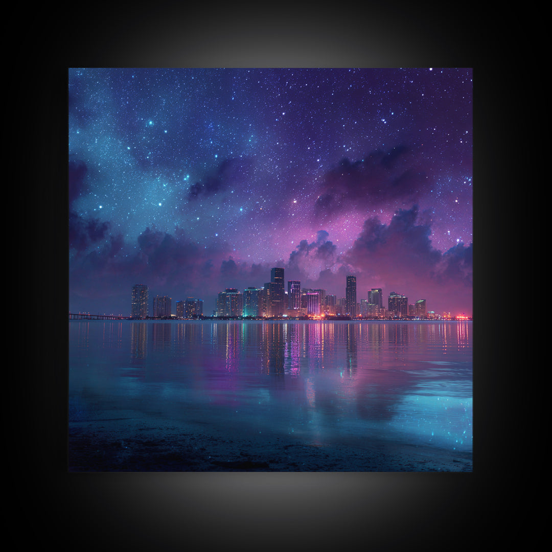 Neon City Skyline Under Starry Night Wall Art, Futuristic Coastal Canvas Print, Modern Apartment Decor