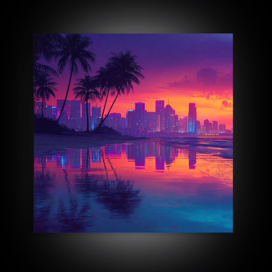 Neon Tropical City Sunset Beach Wall Art, Vibrant Coastal Canvas Print For Modern Living Room Decor And Dorm Aesthetic