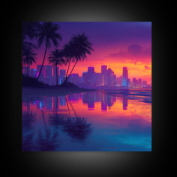 Neon Tropical City Sunset Beach Wall Art, Vibrant Coastal Canvas Print For Modern Living Room Decor And Dorm Aesthetic