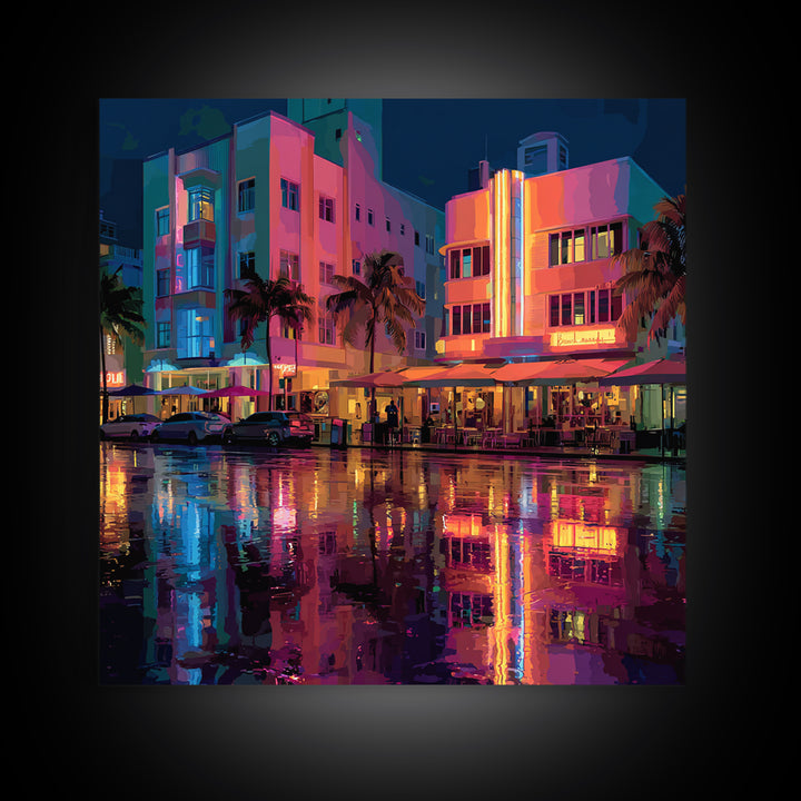 Modern Neon Cityscape At Sunset Urban Wall Art Framed Canvas Print For Contemporary Home Office Decor Gift