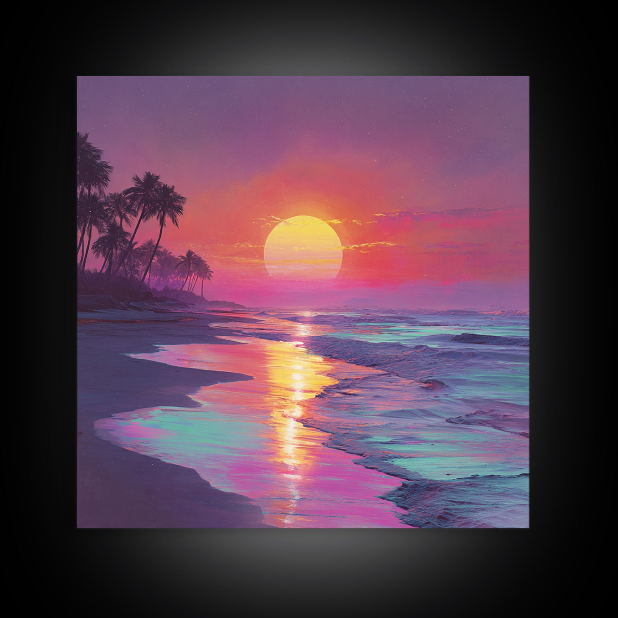 Neon Sunset Beach With Palm Trees Wall Art, Vibrant Coastal Ocean Art Print, Modern Home Decor Living Room Wall Art