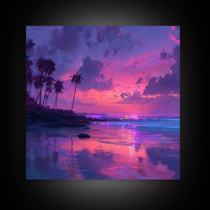 Vibrant Pink And Purple Tropical Seascape Wall Art, Palm Tree Sunset Ocean Landscape Canvas Print Decor