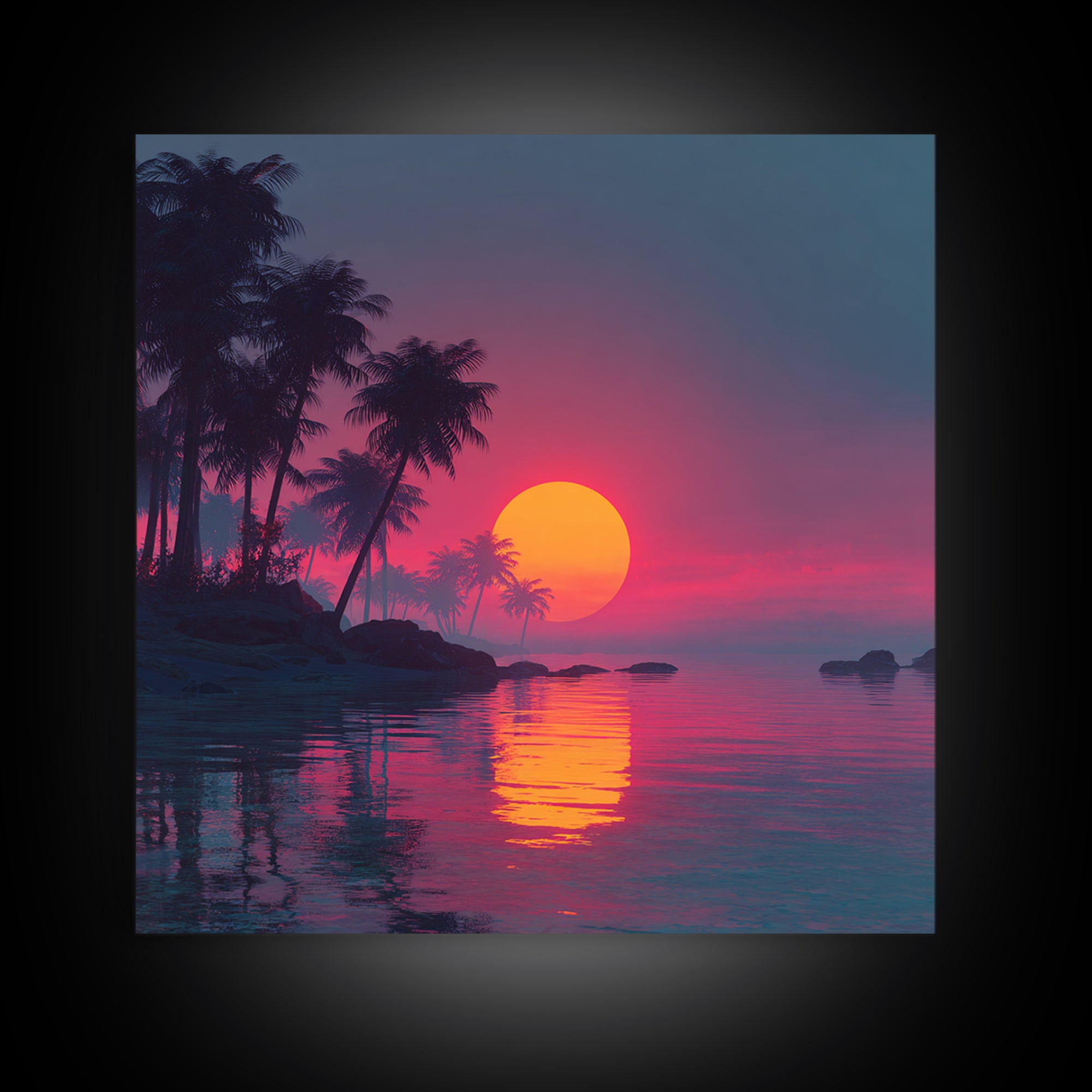 Pink And Teal Tropical Sunset Wall Art, Dreamy Coastal Landscape Canvas Print, Beach House Decor, Modern Ocean Painting