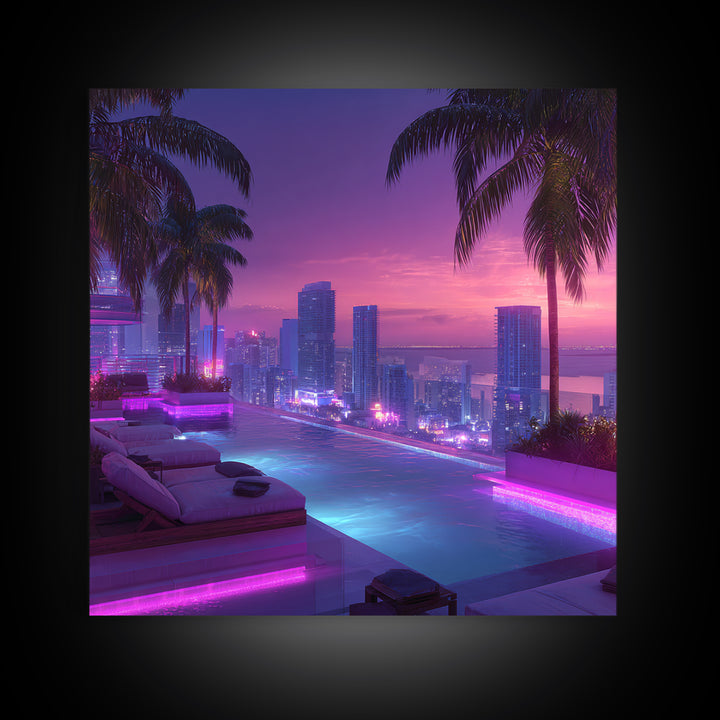 Neon City Rooftop Pool At Dusk Wall Art, Futuristic Skyline Canvas Print For Modern Apartment Decor And Gaming Room