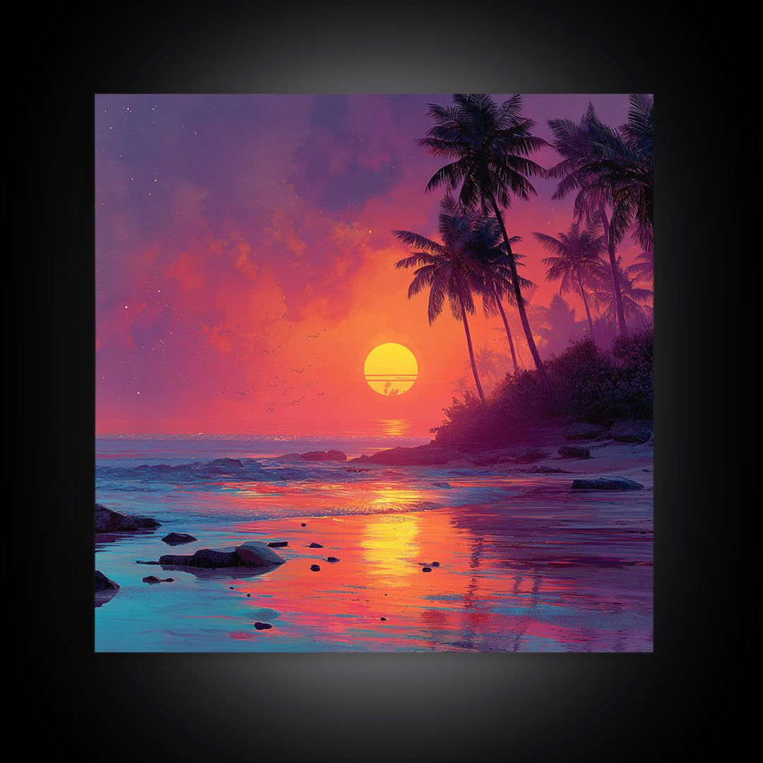 Vibrant Tropical Sunset Beach Wall Art, Colorful Palm Tree Ocean Canvas Print, Coastal Decor, Relaxing Summer Seascape