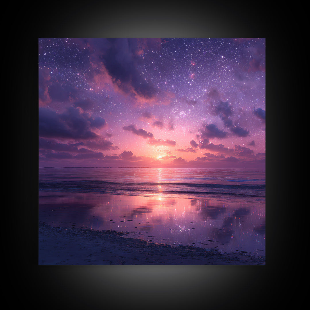 Dreamy Starlit Ocean Sunset Wall Art, Purple Night Sky Seascape Canvas Print, Calming Coastal Decor, Bedroom Artwork