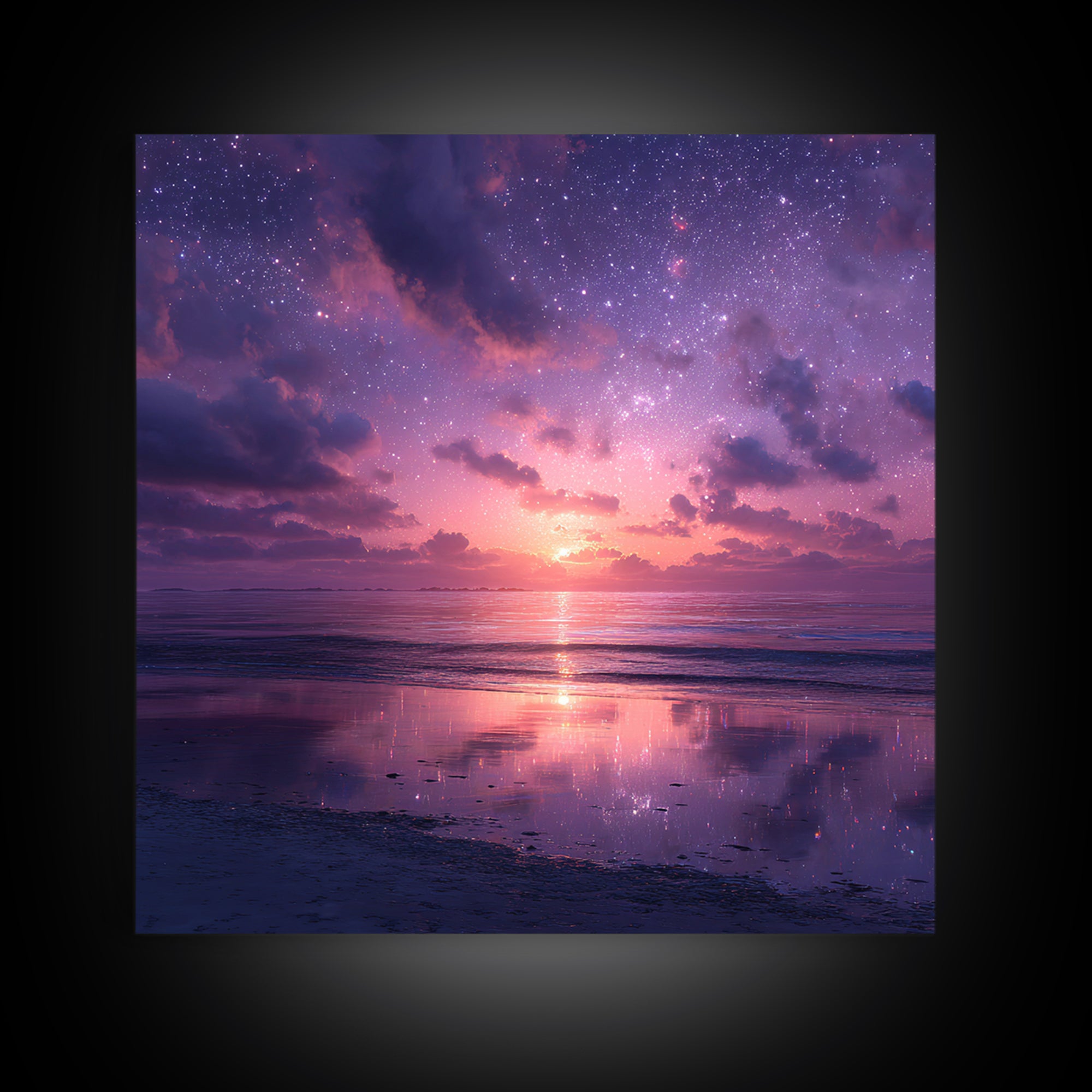 Dreamy Starlit Ocean Sunset Wall Art, Purple Night Sky Seascape Canvas Print, Calming Coastal Decor, Bedroom Artwork