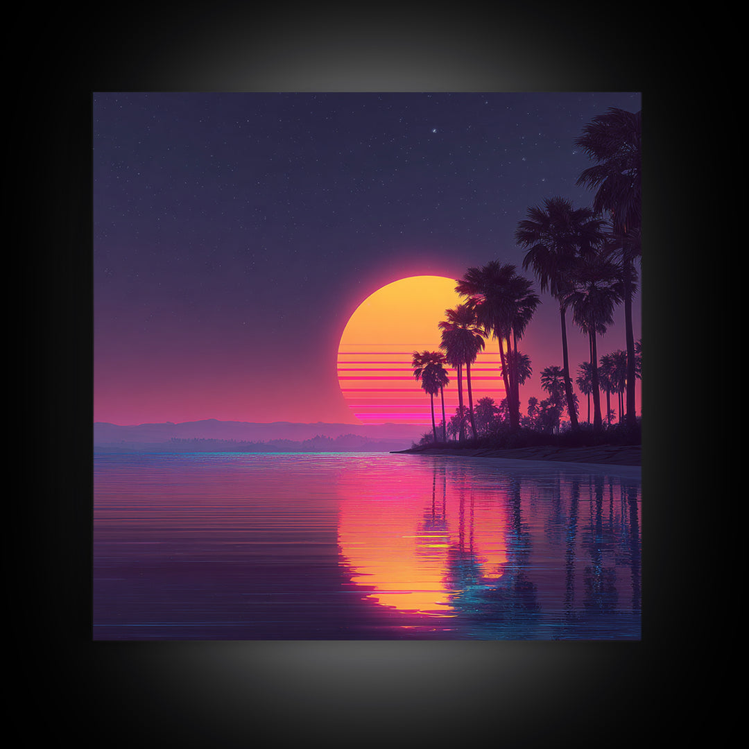 Neon Palm Tree Sunset Over Tropical Beach Wall Art, Retro Coastal Home Decor, Modern Landscape Art Print, Living Room Decor