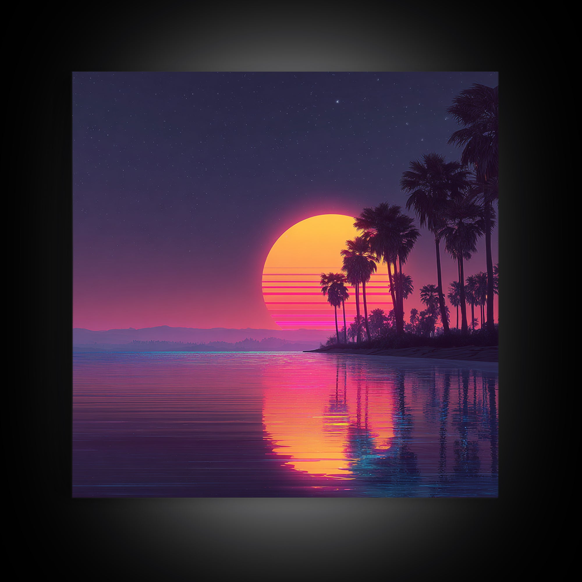Neon Palm Tree Sunset Over Tropical Beach Wall Art, Retro Coastal Home Decor, Modern Landscape Art Print, Living Room Decor