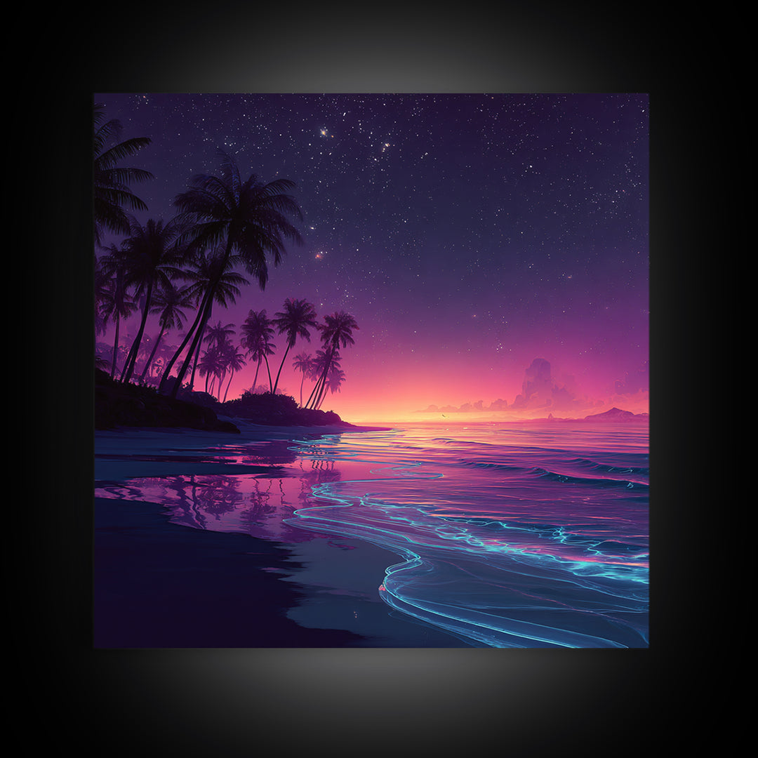 Neon Night Beach With Palm Trees Canvas Print, Dreamy Coastal Ocean Wall Art, Retro Tropical Bedroom And Living Room Decor