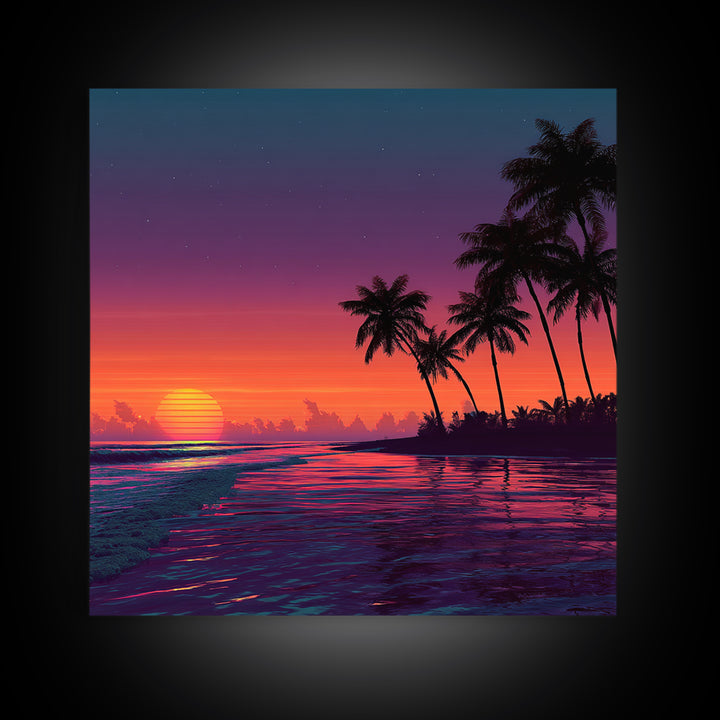 Neon Tropical Sunset Beach With Palm Trees Canvas Print, Coastal Wall Art, Colorful Ocean Art, Modern Home Decor Living Room