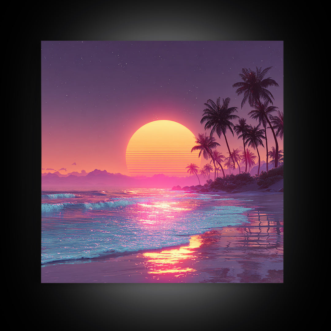 Pink Neon Beach Sunset Wall Art, Dreamy Vaporwave Ocean Canvas Print, Retro Coastal Landscape Art For Bedroom Or Living Room Decor