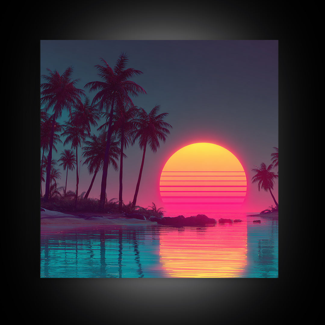 Neon Tropical Palm Trees And Retro Sunset Beach Wall Art, Vaporwave Coastal Canvas Print, Aesthetic Room Decor