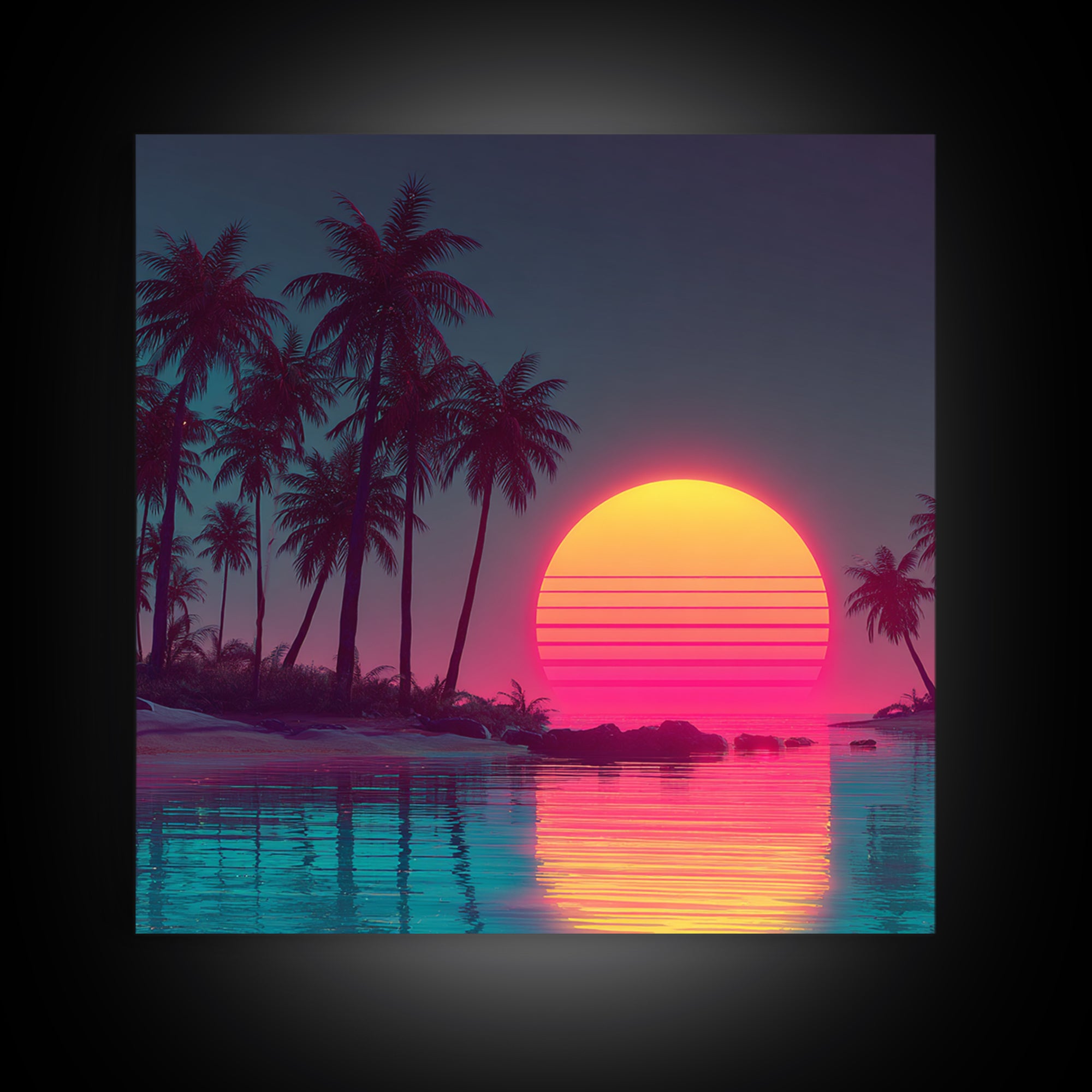 Neon Tropical Palm Trees And Retro Sunset Beach Wall Art, Vaporwave Coastal Canvas Print, Aesthetic Room Decor