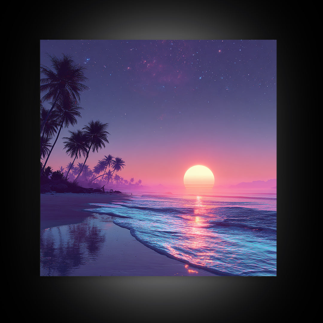 Tropical Neon Sunset Beach Wall Art, Palm Tree Coastal Landscape Print, Colorful Summer Home Decor Canvas Print