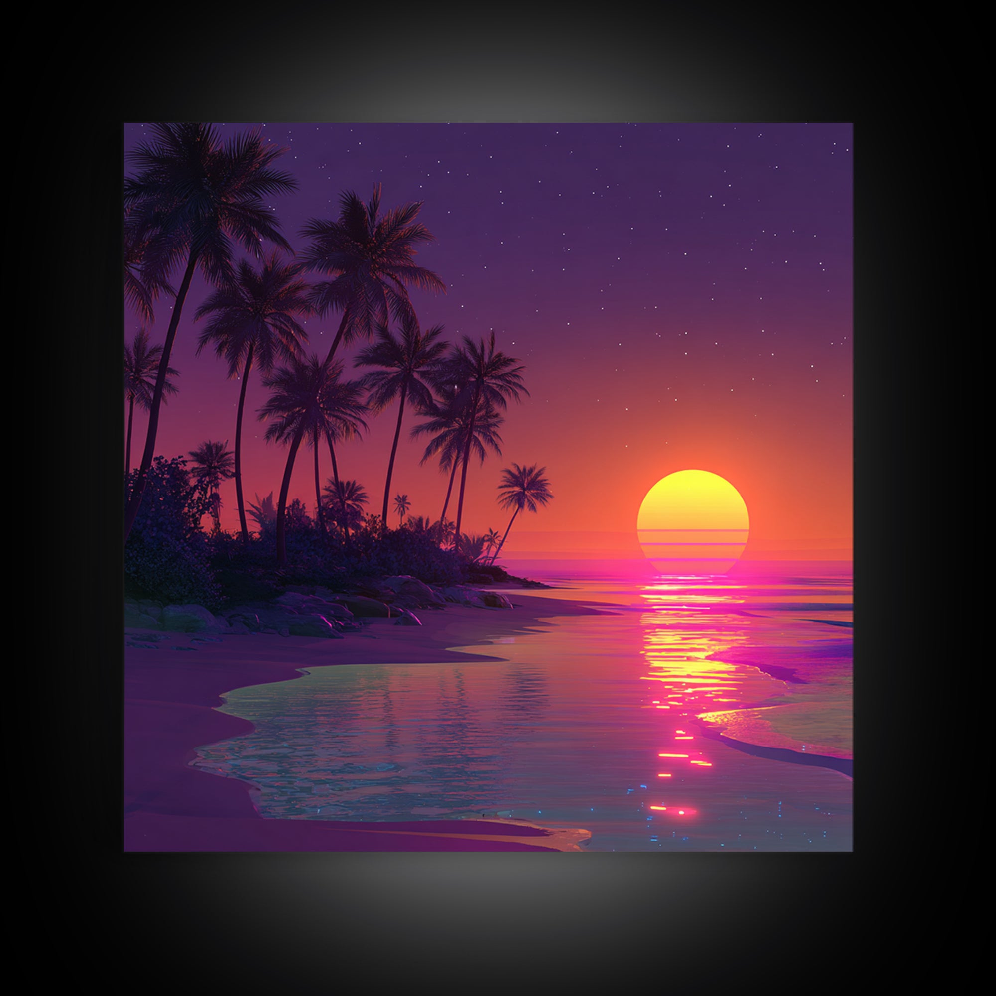 Neon Tropical Sunset Beach Wall Art, Retro Coastal Canvas Print, Summer Ocean Decor, Vibrant Modern Coastal Wall Art