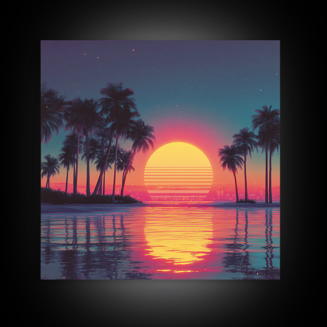 Dreamy Neon Palm Tree Sunset Beach Wall Art, Retro Coastal Landscape, Vibrant Summer Canvas Print Decor
