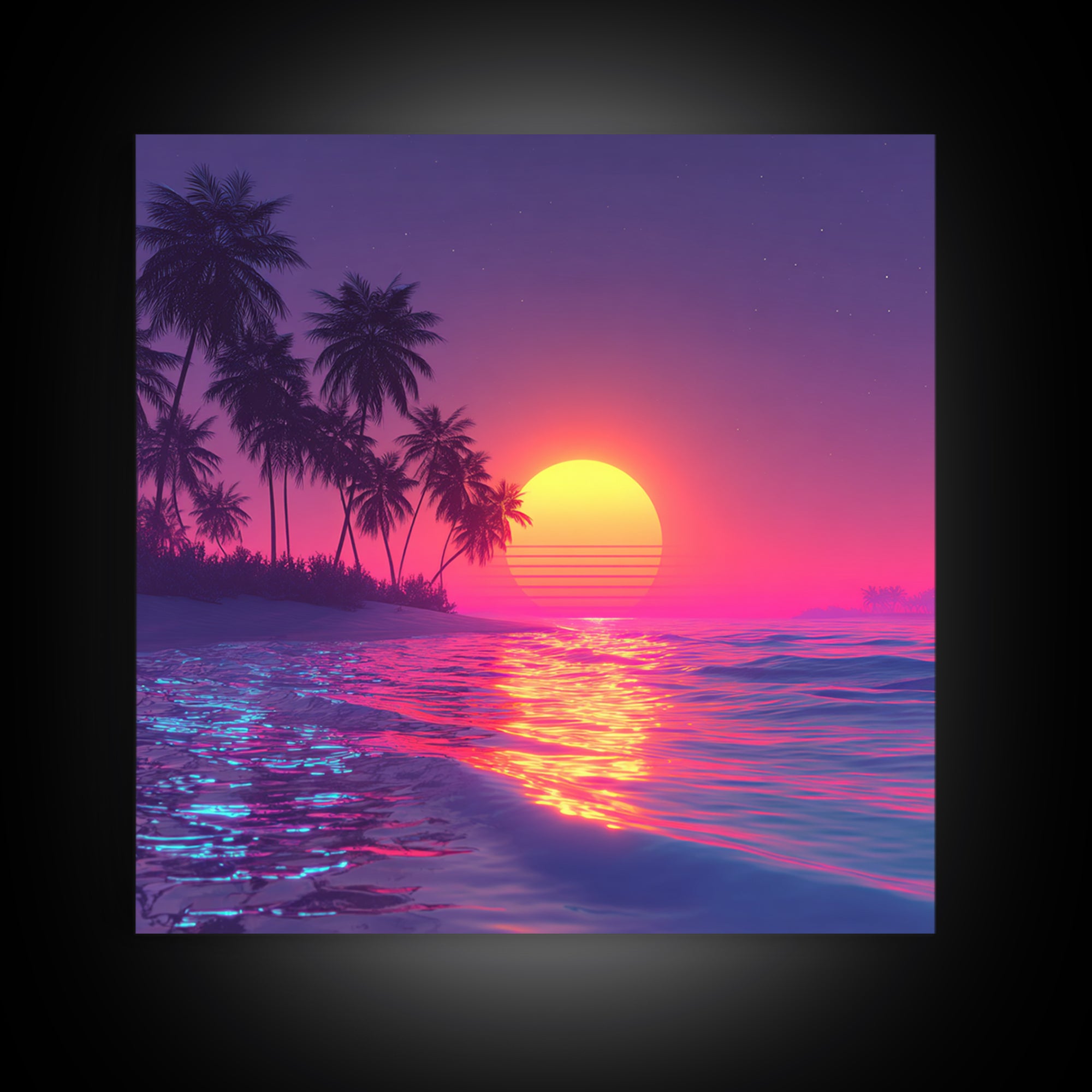 Neon Pink Beach Sunset Wall Art, Tropical Palm Tree Ocean Horizon Canvas Print, Coastal Summer Decor, Vibrant Seascape