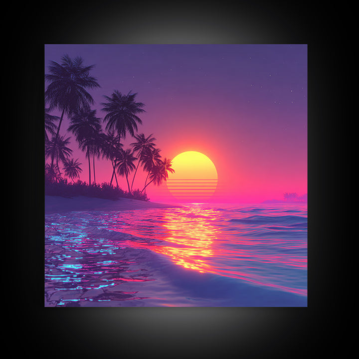 Neon Pink Beach Sunset Wall Art, Tropical Palm Tree Ocean Horizon Canvas Print, Coastal Summer Decor, Vibrant Seascape