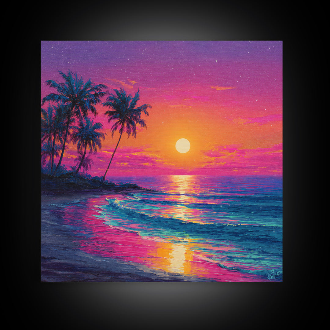Vibrant Moonrise Beach Canvas Print, Colorful Tropical Ocean Wall Art, Coastal Sunset Painting For Bedroom Or Beach House