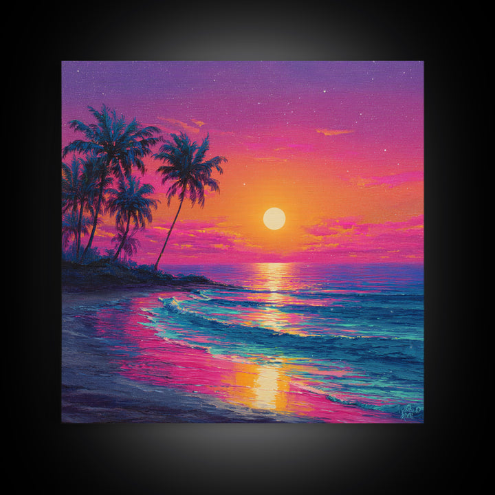 Vibrant Moonrise Beach Canvas Print, Colorful Tropical Ocean Wall Art, Coastal Sunset Painting For Bedroom Or Beach House