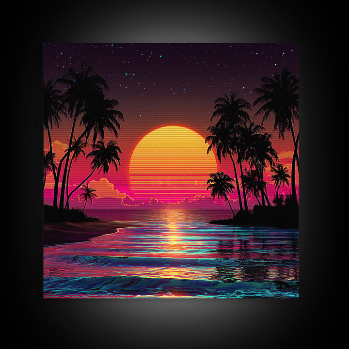 Neon Tropical Sunset Beach With Palm Trees Wall Art, Retro Coastal Print, Vibrant Summer Home Decor, Modern Canvas Print