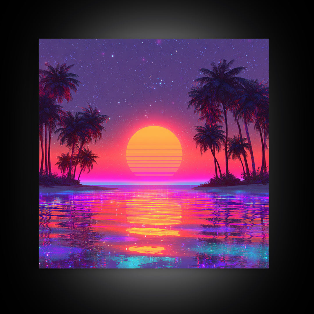 Vibrant Neon Tropical Sunset Beach Wall Art, Retro Wave Palm Landscape Canvas Print, Colorful Coastal Room Decor