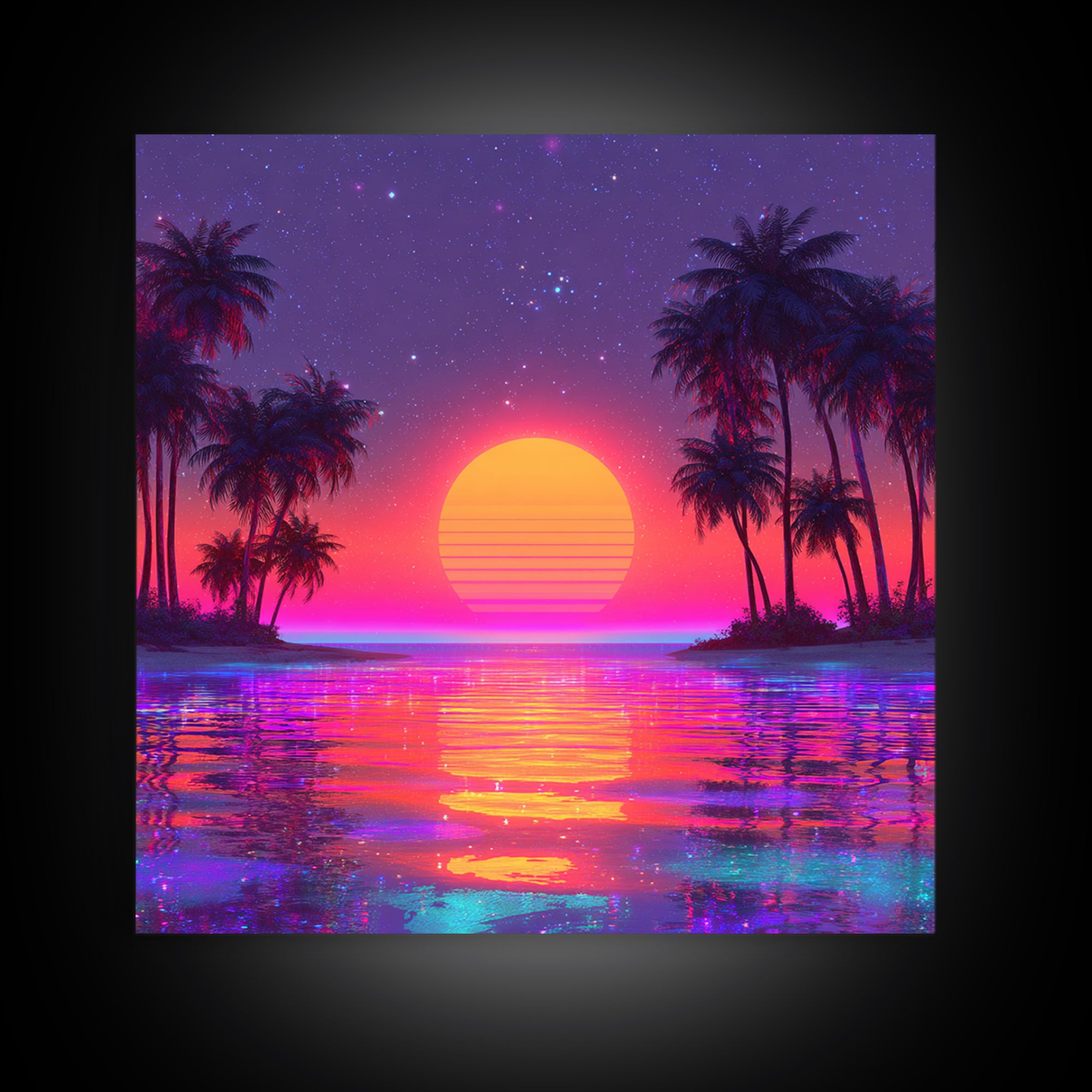Vibrant Neon Tropical Sunset Beach Wall Art, Retro Wave Palm Landscape Canvas Print, Colorful Coastal Room Decor