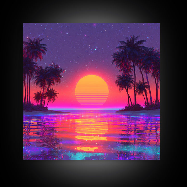 Vibrant Neon Tropical Sunset Beach Wall Art, Retro Wave Palm Landscape Canvas Print, Colorful Coastal Room Decor