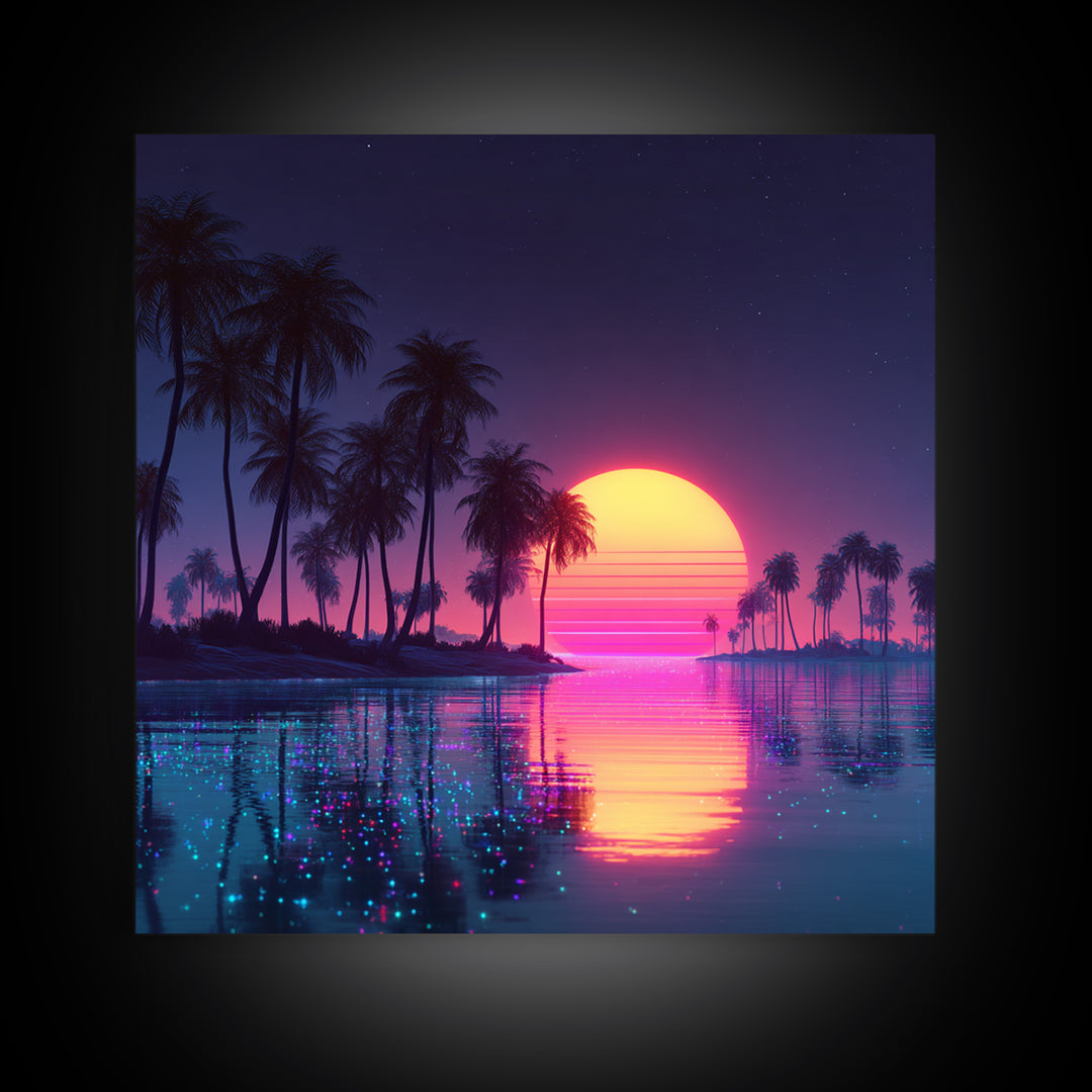 Sparkling Lagoon Neon Sunset With Palm Trees Wall Art, Retro Tropical Home Decor, Colorful Coastal Canvas Print