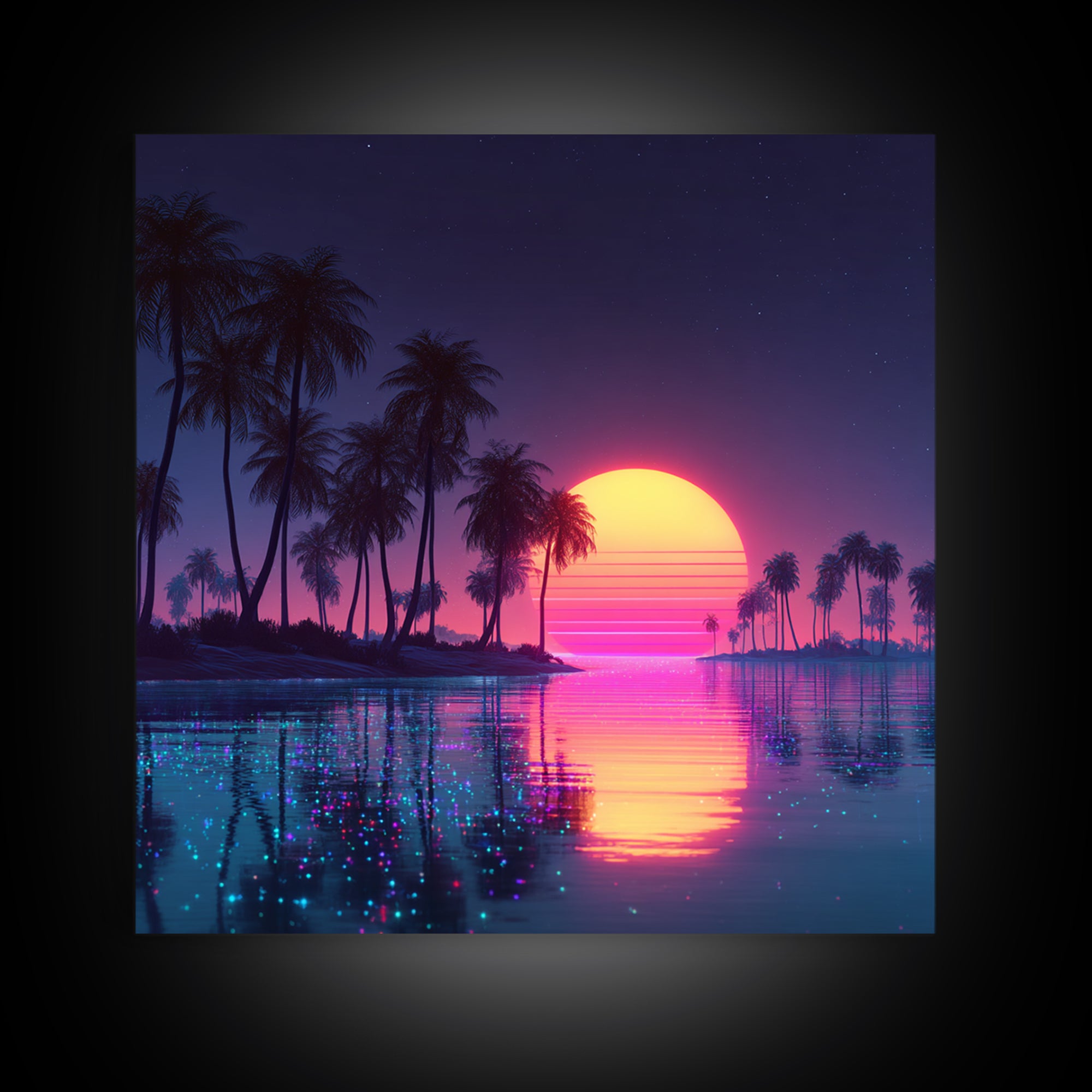 Sparkling Lagoon Neon Sunset With Palm Trees Wall Art, Retro Tropical Home Decor, Colorful Coastal Canvas Print