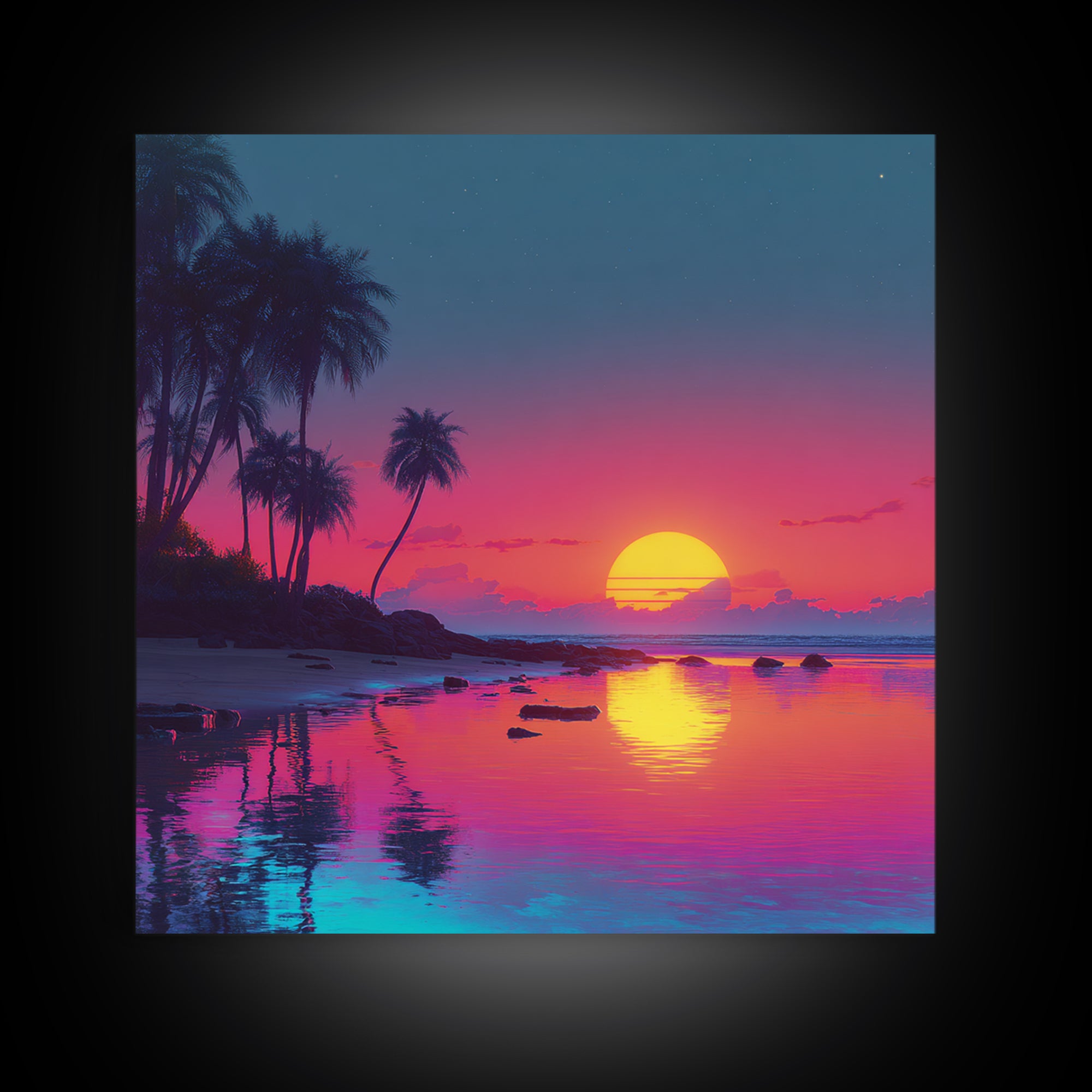 Neon Tropical Sunset Beach Wall Art, Vibrant Coastal Landscape Art Print, Modern Coastal Decor Canvas Print For Living Room