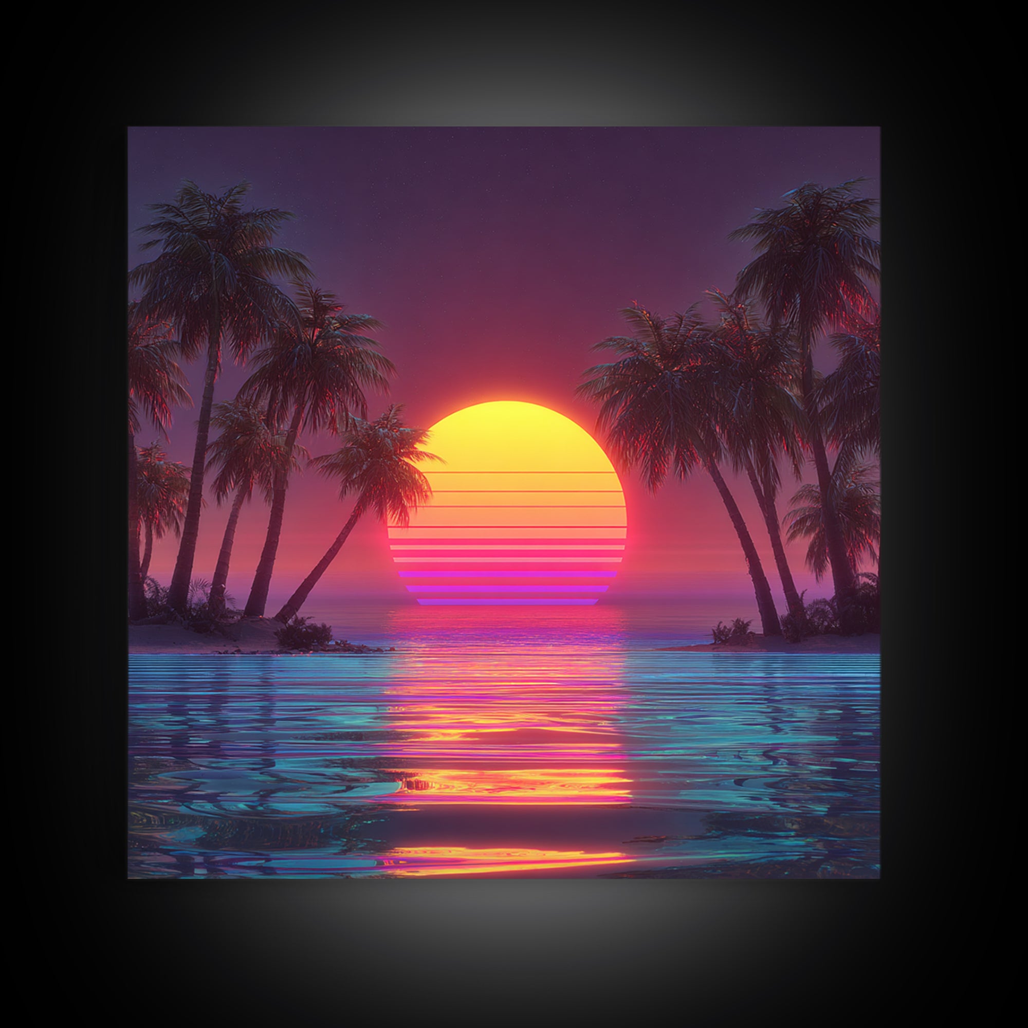 Vaporwave Tropical Sunset Beach Wall Art Canvas Print, Neon Coastal Landscape For Gaming Room And Modern Home Decor