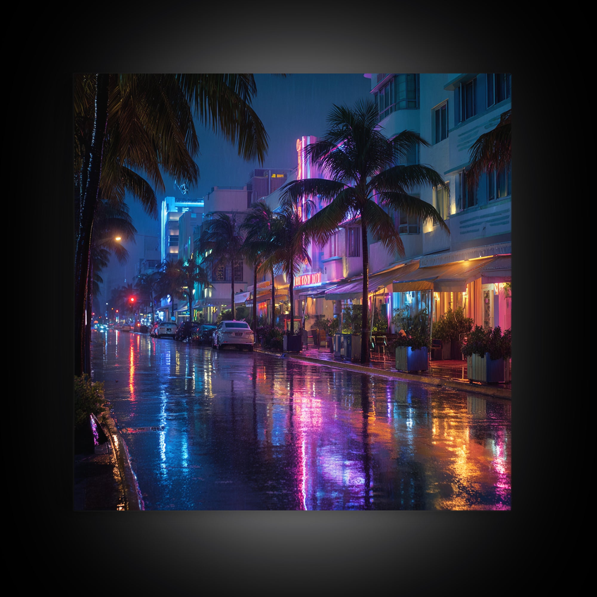 Neon Rainy City Street At Night Wall Art, Colorful Modern Urban Photography Print, Living Room Decor, Large Canvas Print