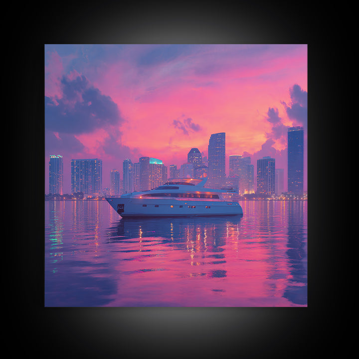 Luxury Yacht City Skyline At Sunset Wall Art, Modern Coastal Cityscape Canvas Print, Pink Sky Nautical Decor For Office Or Living Room