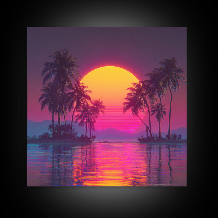 Neon Tropical Island Sunset Wall Art, Retro Synthwave Beach Landscape, Vibrant Coastal Decor, Modern Living Room Canvas Print