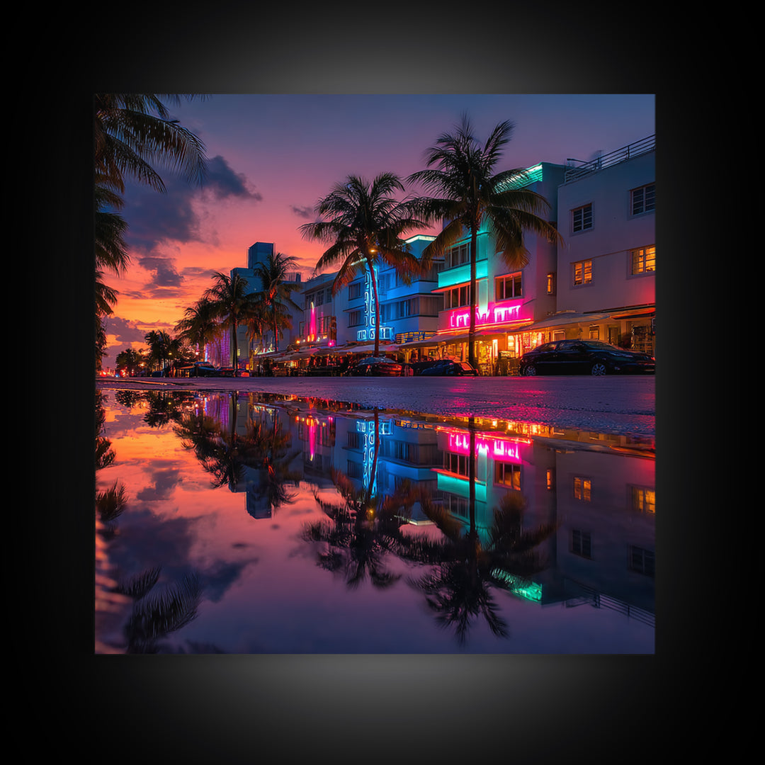 Miami Neon Night Cityscape Wall Art, Colorful South Beach Photography Print, Modern Urban Wall Decor Framed Canvas Print