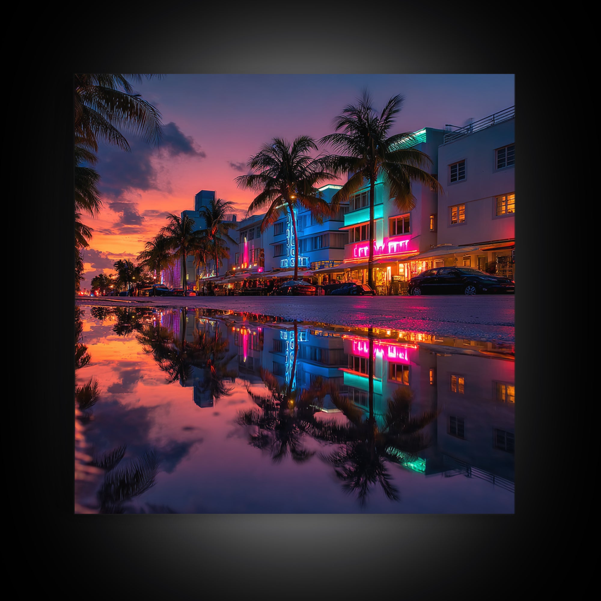 Miami Neon Night Cityscape Wall Art, Colorful South Beach Photography Print, Modern Urban Wall Decor Framed Canvas Print