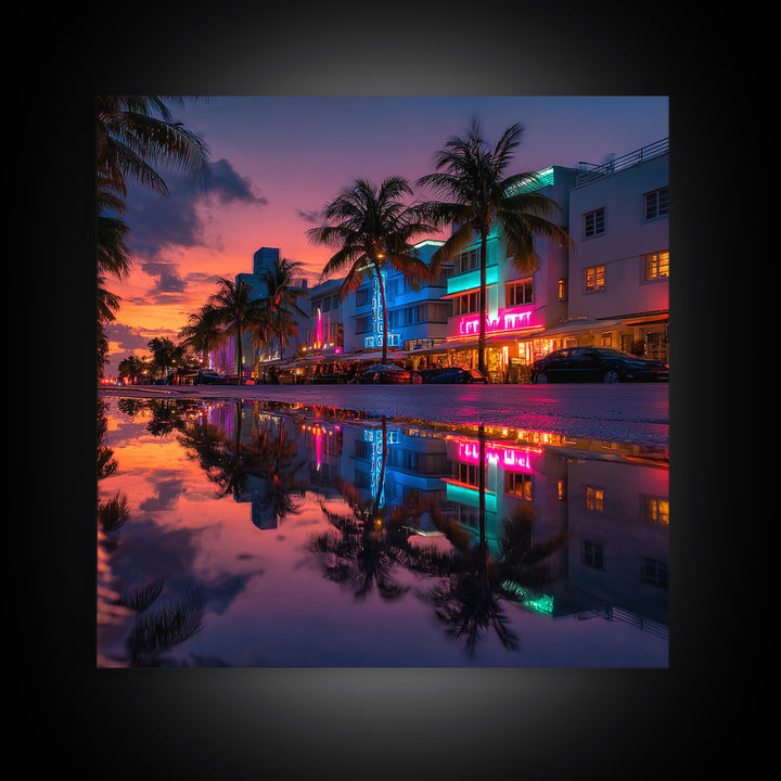 Miami Neon Night Cityscape Wall Art, Colorful South Beach Photography Print, Modern Urban Wall Decor Framed Canvas Print