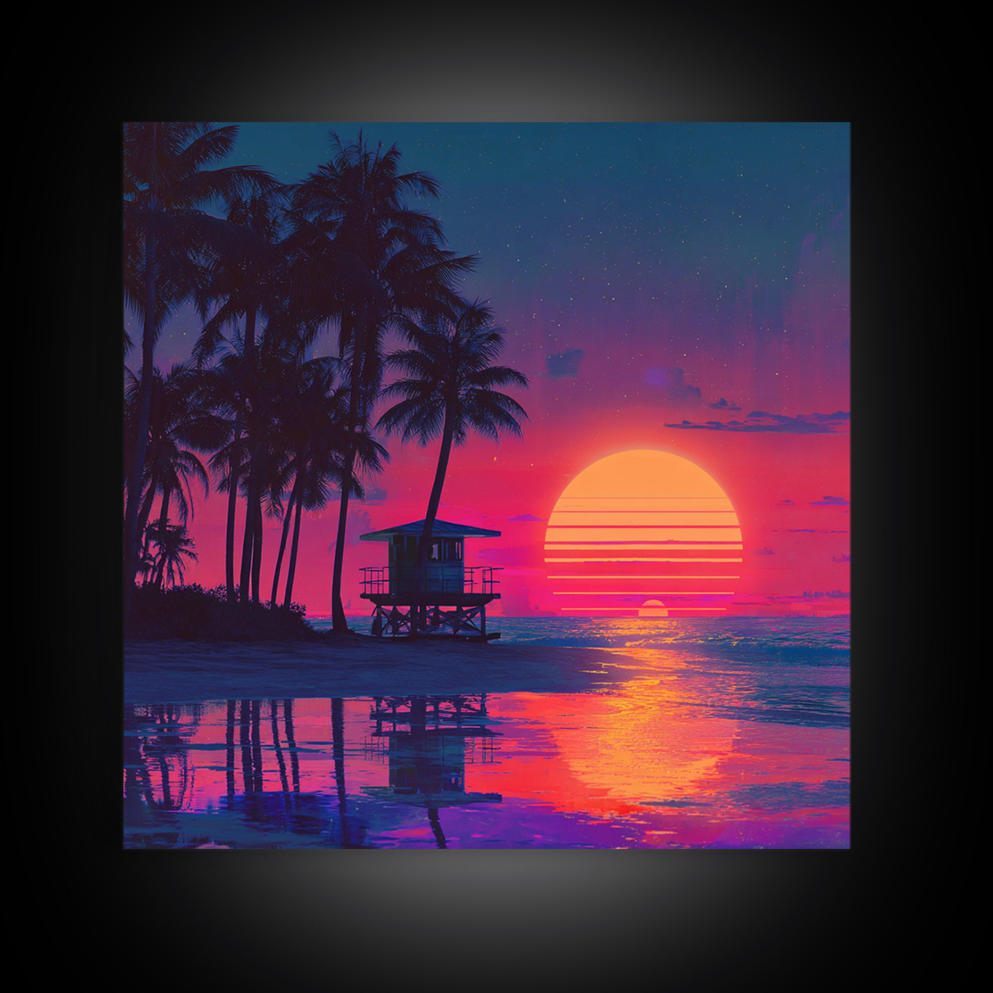 Tropical Neon Sunset Beach Canvas Print, Retro Coastal Wall Art, Palm Tree Ocean Decor Vibrant Living Room Wall Art