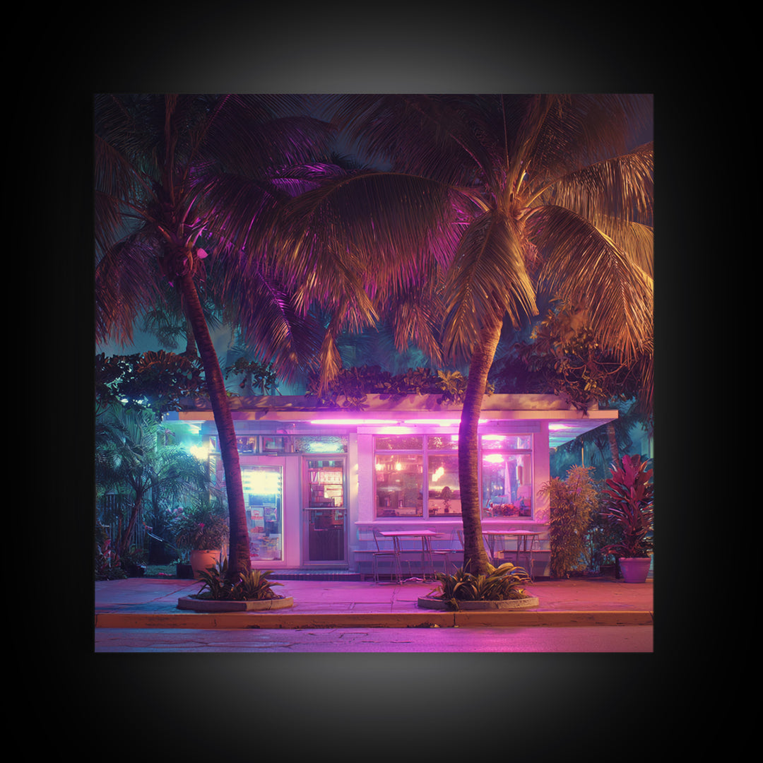 Neon Palm Tree Diner Night Scene Wall Art, Retro Tropical City Photography Canvas Print For Modern Urban Home Decor