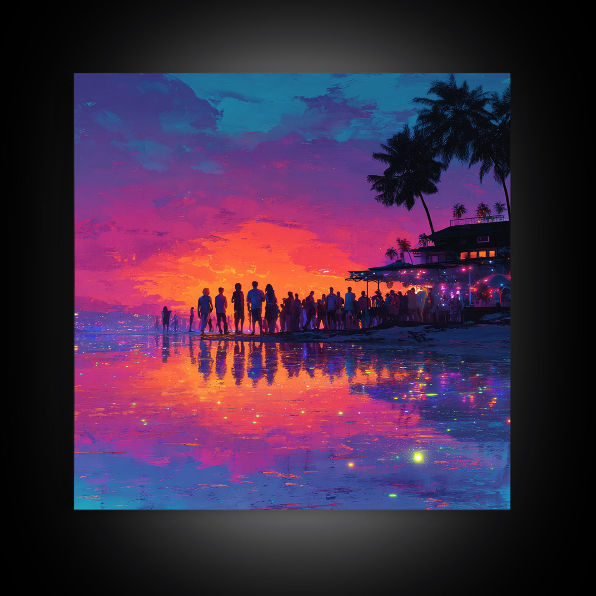 Neon Beach Sunset Party Wall Art, Colorful Coastal Canvas Print, Retro Futuristic Ocean Art, Summer Vibes Living Room Decor