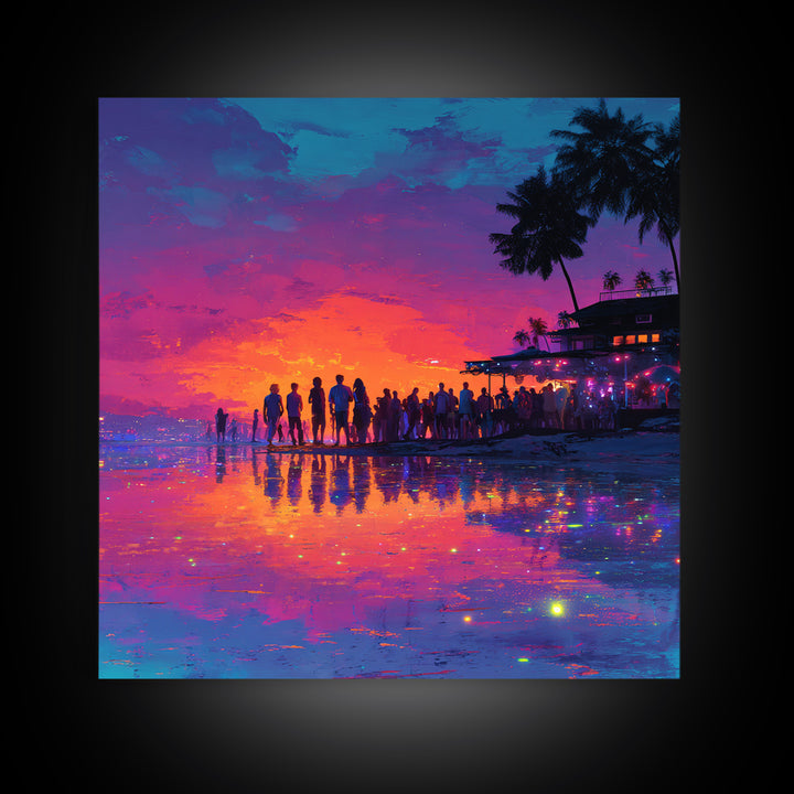Neon Beach Sunset Party Wall Art, Colorful Coastal Canvas Print, Retro Futuristic Ocean Art, Summer Vibes Living Room Decor