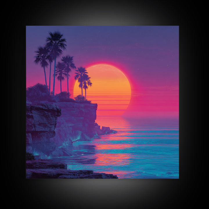 Neon Tropical Sunset Cliff Wall Art, Retro Coastal Ocean Canvas Print For Modern Coastal Decor And Vibrant Living Room