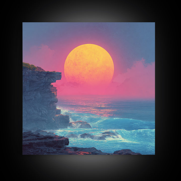 Surreal Neon Moon Over Ocean Cliff Painting Wall Art, Colorful Fantasy Seascape Print, Modern Coastal Abstract Decor